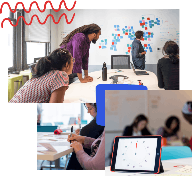 A collage of photos with hand-drawn elements; from top left, a group of people looking at a whiteboard wall with lots of multicolored post-its on the wall, a close up of someone drawing with a sharpie during a design sprint, an iPad with a timer on it and people working in the background