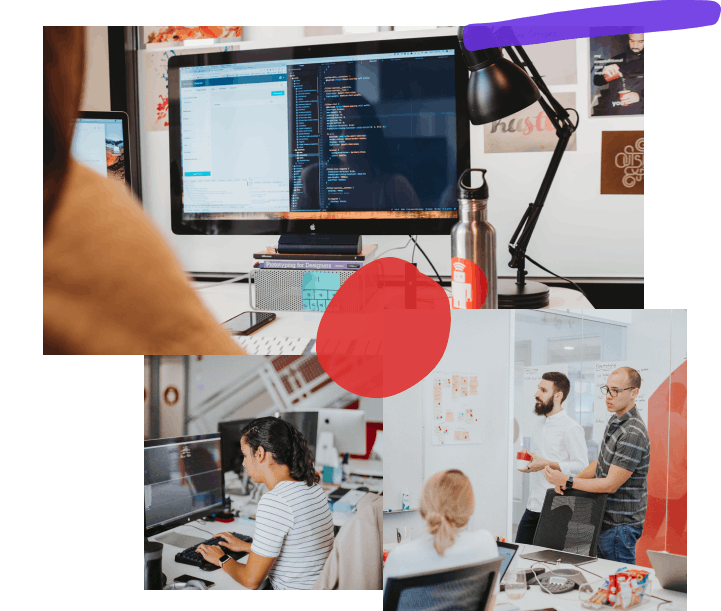 Collage of three photos: the first is taken from over the shoulder of a developer working on test-driven code while posters line the wall behind their monitor; the second is a developer working diligently at their desk; the third is three people in a conference room talking while gesturing towards a white-board covered in post-its and writing.