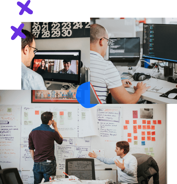 Photo collage with handdrawn elements; starting from the top left, a designer on a conference call, a developer working on an application at their desk, a designer and client discussing options during a design sprint in front of a wall of post-its and sketches