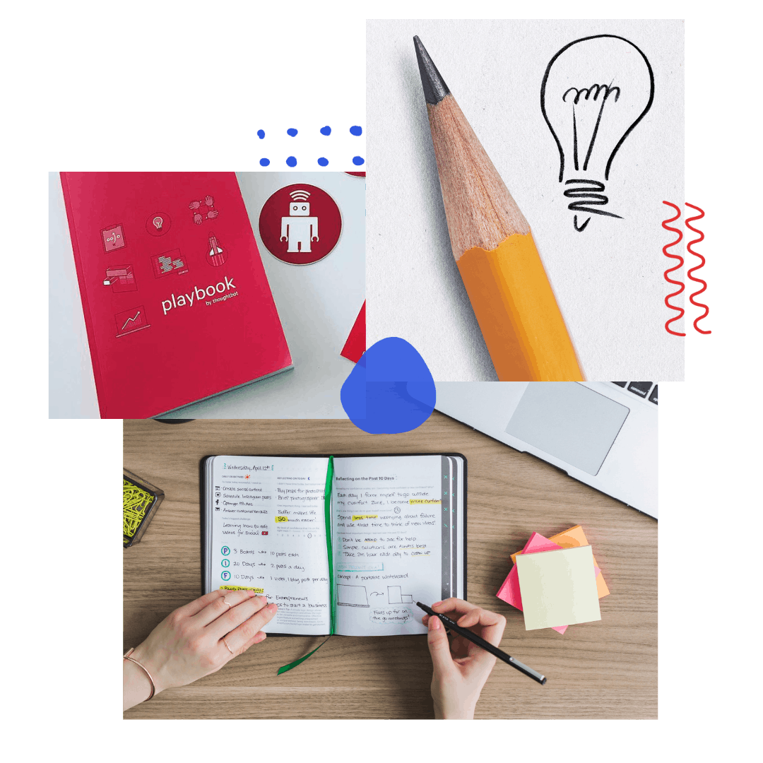 collage of 3 images: a bound copy of thoughtbot's playbook, a pencil beside a light bulb drawing, and a person journaling their ideas