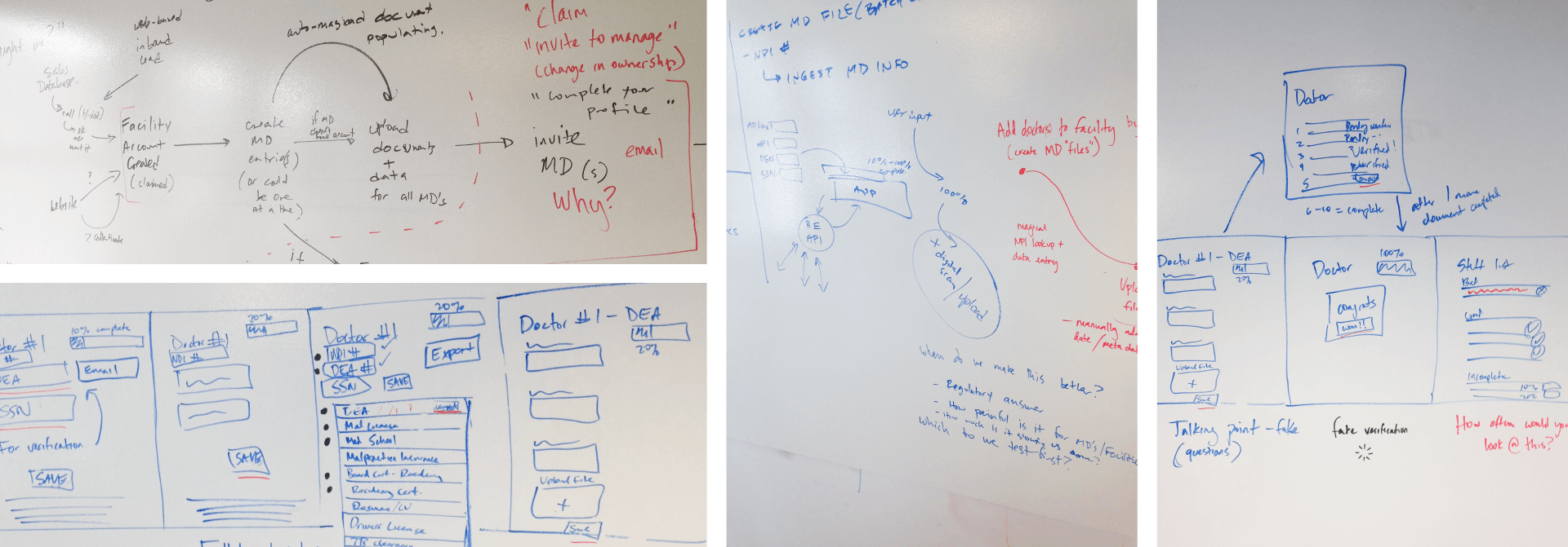 4 images of writing on a whiteboard from the Silversheet design sprint