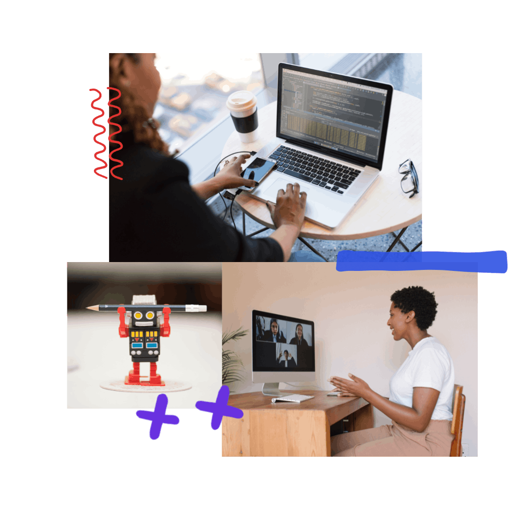 Collage of three images: a teammate working remotely from a coffee shop, a thoughtbot mascot Ralph robot toy figure, a teammate in a remote workspace attending a team video call