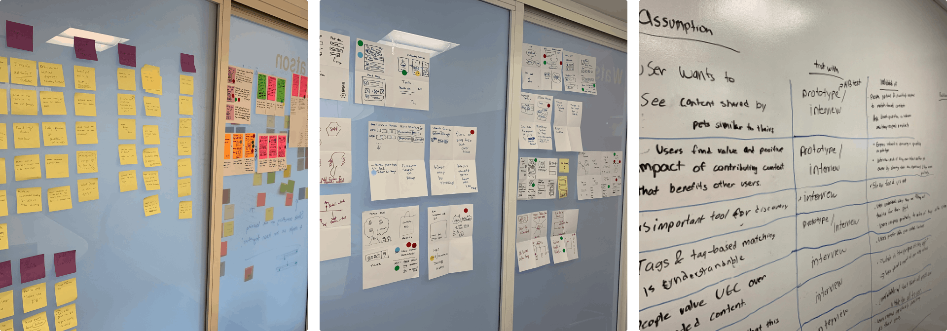 Three photos from the EdgyPet design sprint; post-its on a glass wall arranged in a grid, storyboard sketches pinned up on a wall, a whiteboard with an assumptions test table