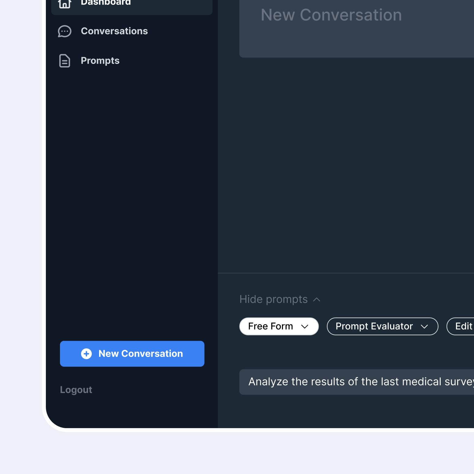 Screenshot of the Generative AI user interface showing a "new conversation" button and a text field for typing in an AI prompt.