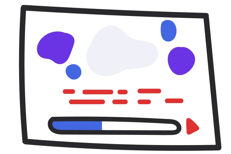 An abstract illustration of a video player; there are various colored shapes; below that are lines representing closed captions; at the bottom is a progress meter showing the video is about 1/3 of the way played.