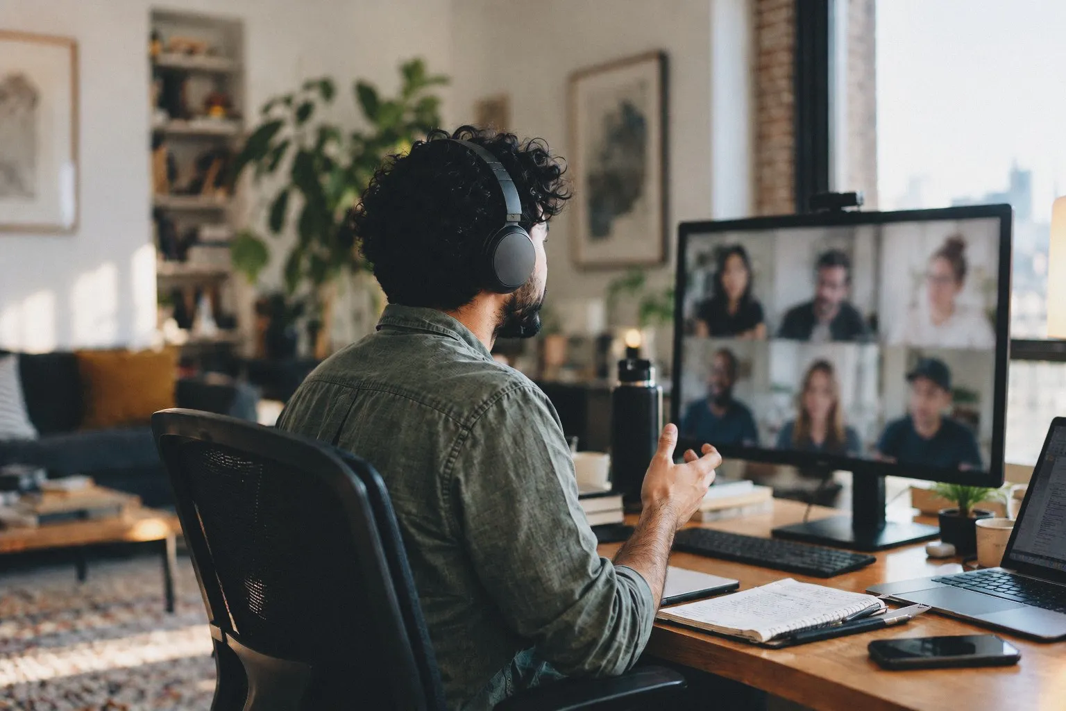 Remote team member collaborating with colleagues over a video call from a home office