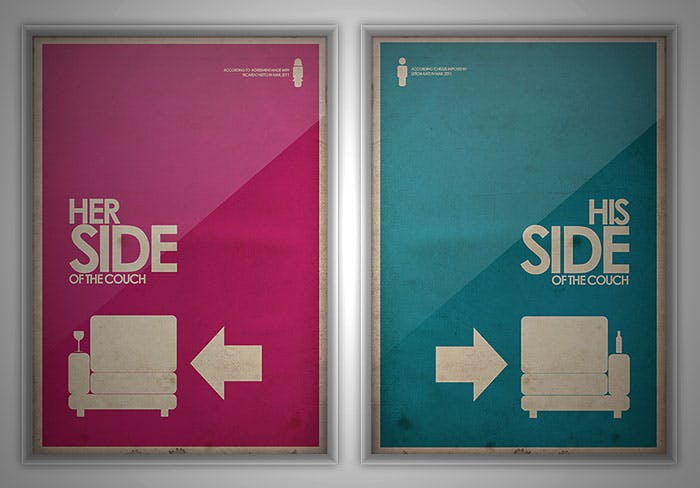 pink and blue signs reading "his side" and "her side"