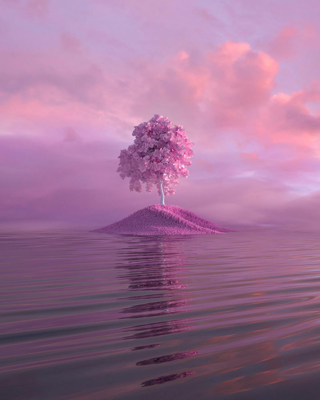 A tree on an island in hues of purple