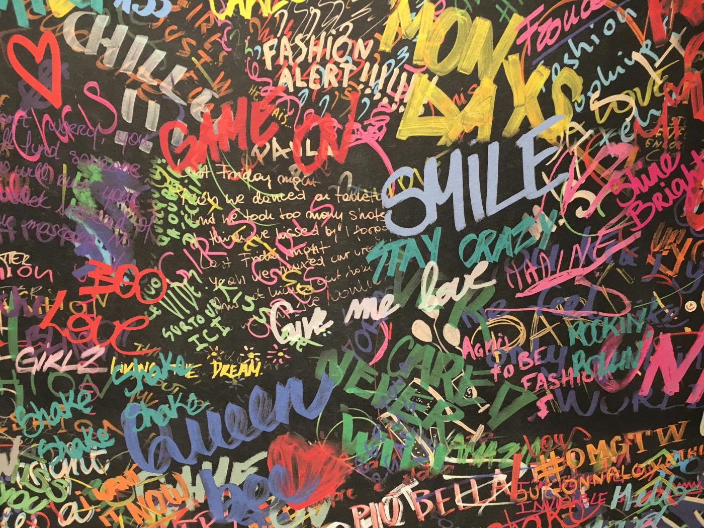 A chalkboard covered with multi colored positive words