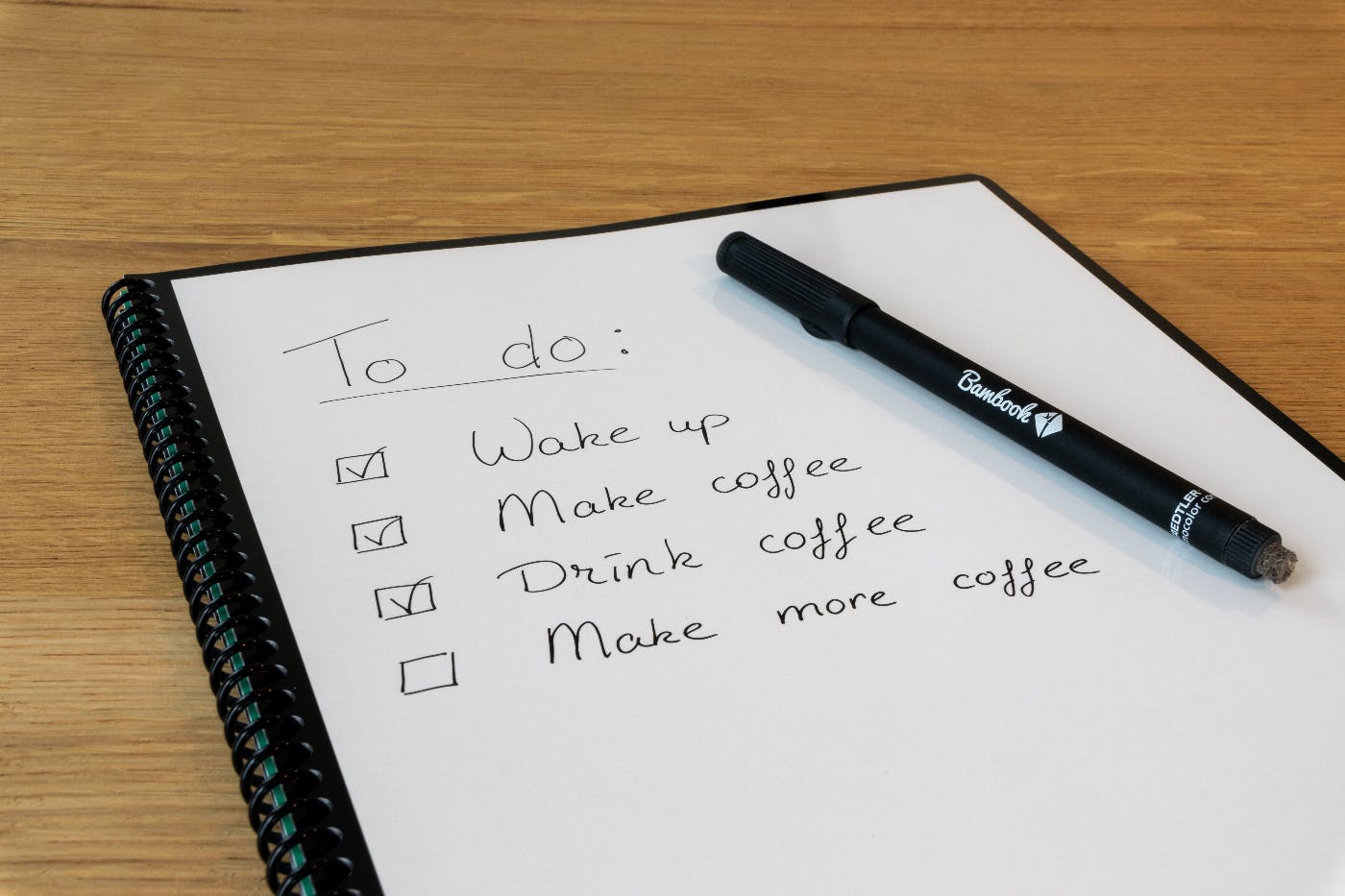 A checklist of things to do, Starting with wake up, make coffee, drink coffee, make more coffee.