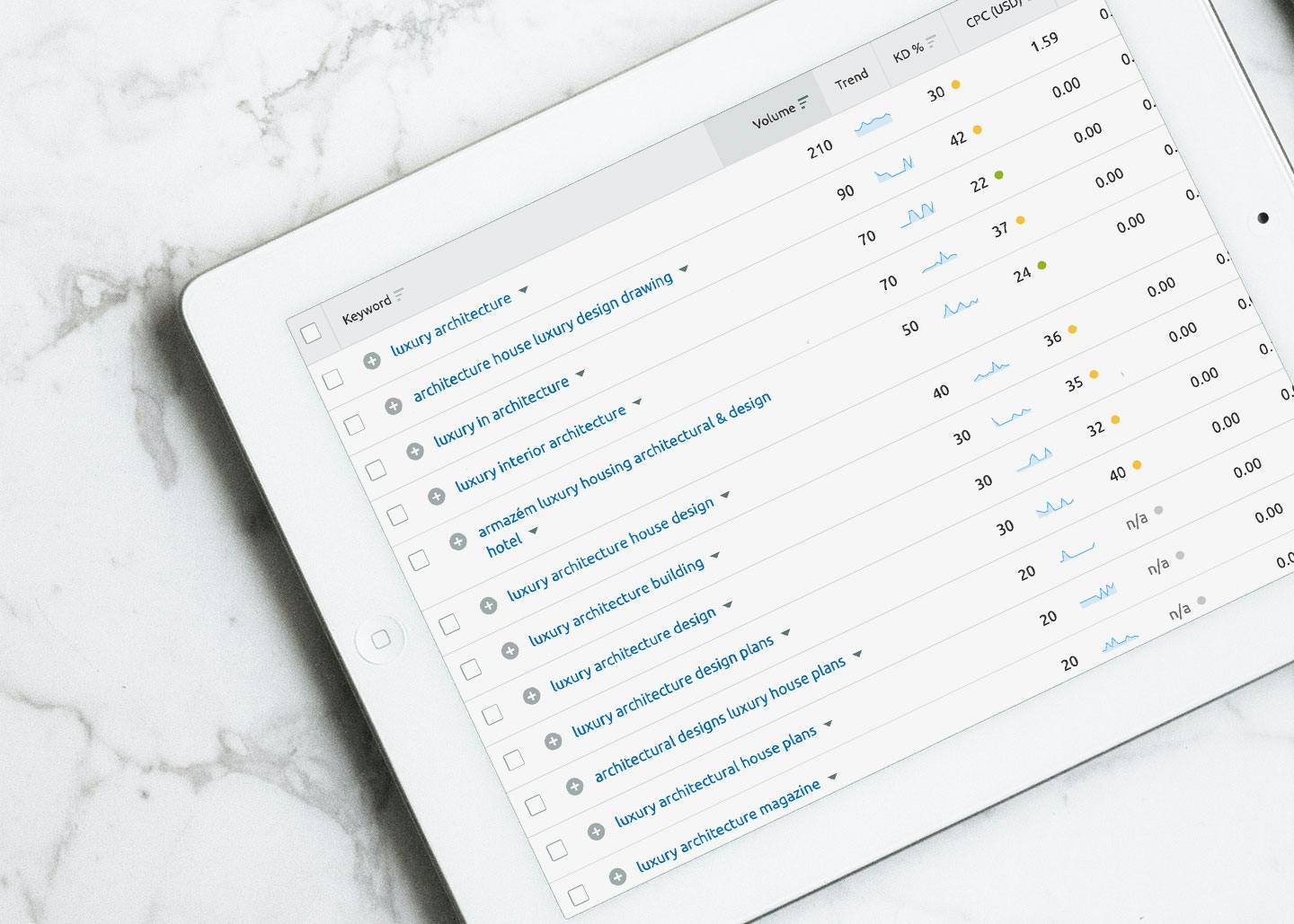 Architecture keyword research on a tablet