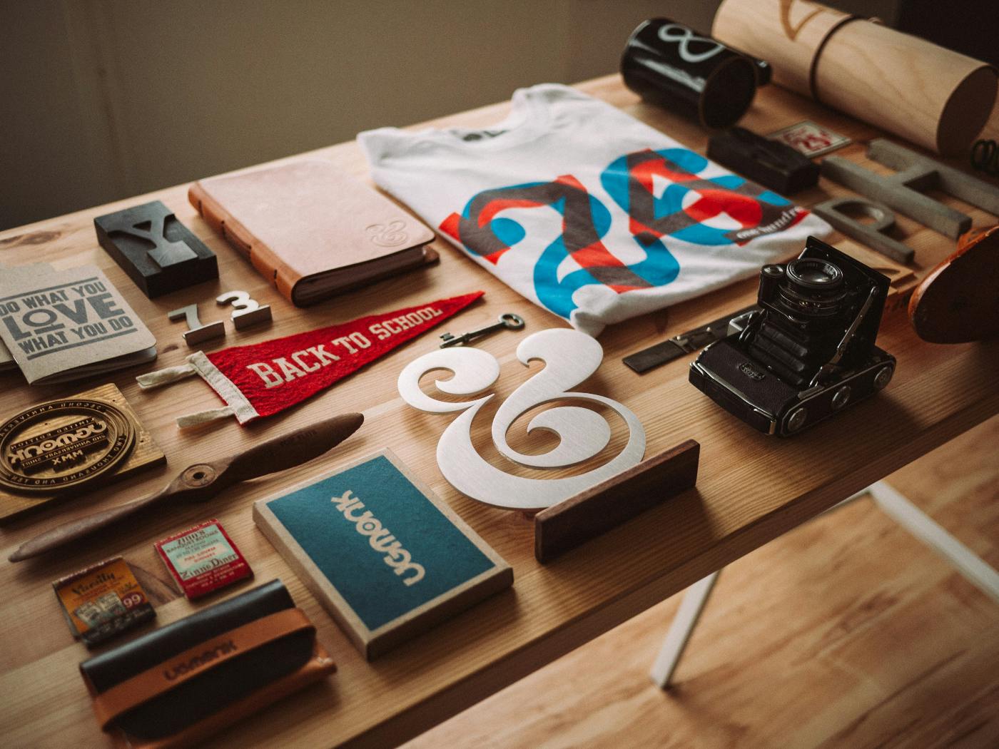 A table covered in branded items