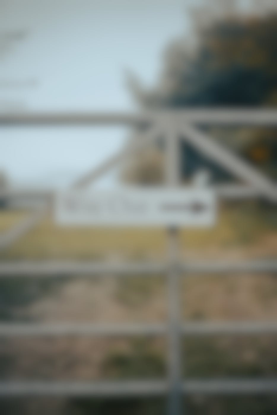 A gate on a dirt road with a sign reading Way Out and an arrow pointing right