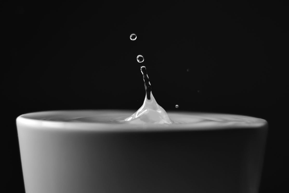 a close up of a white cup with a drip of water caught in motion