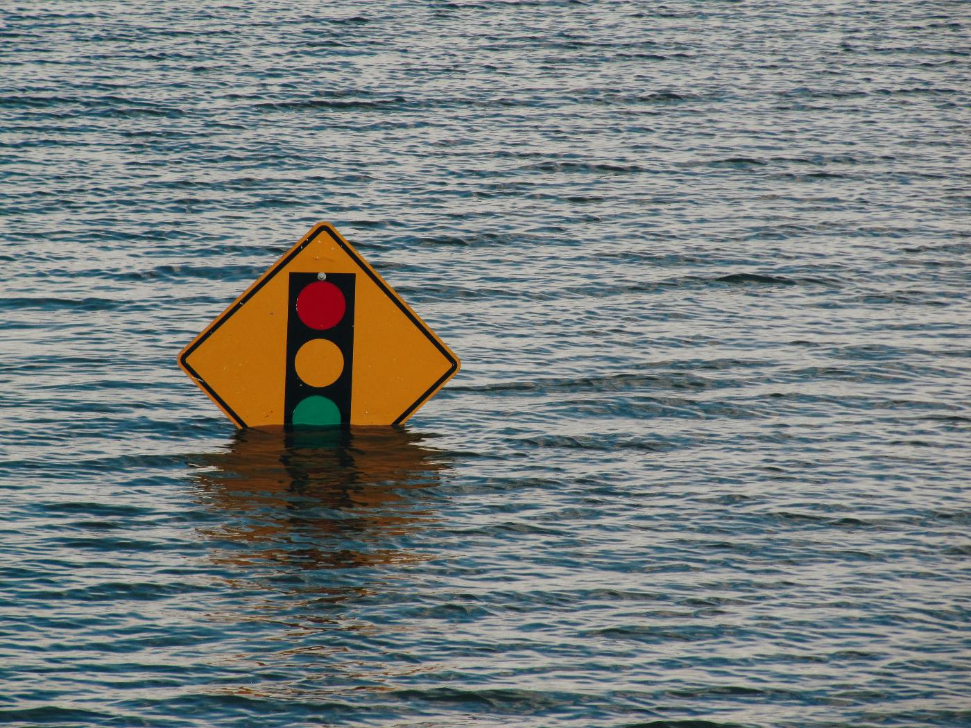A traffic light sign partially submerged in water