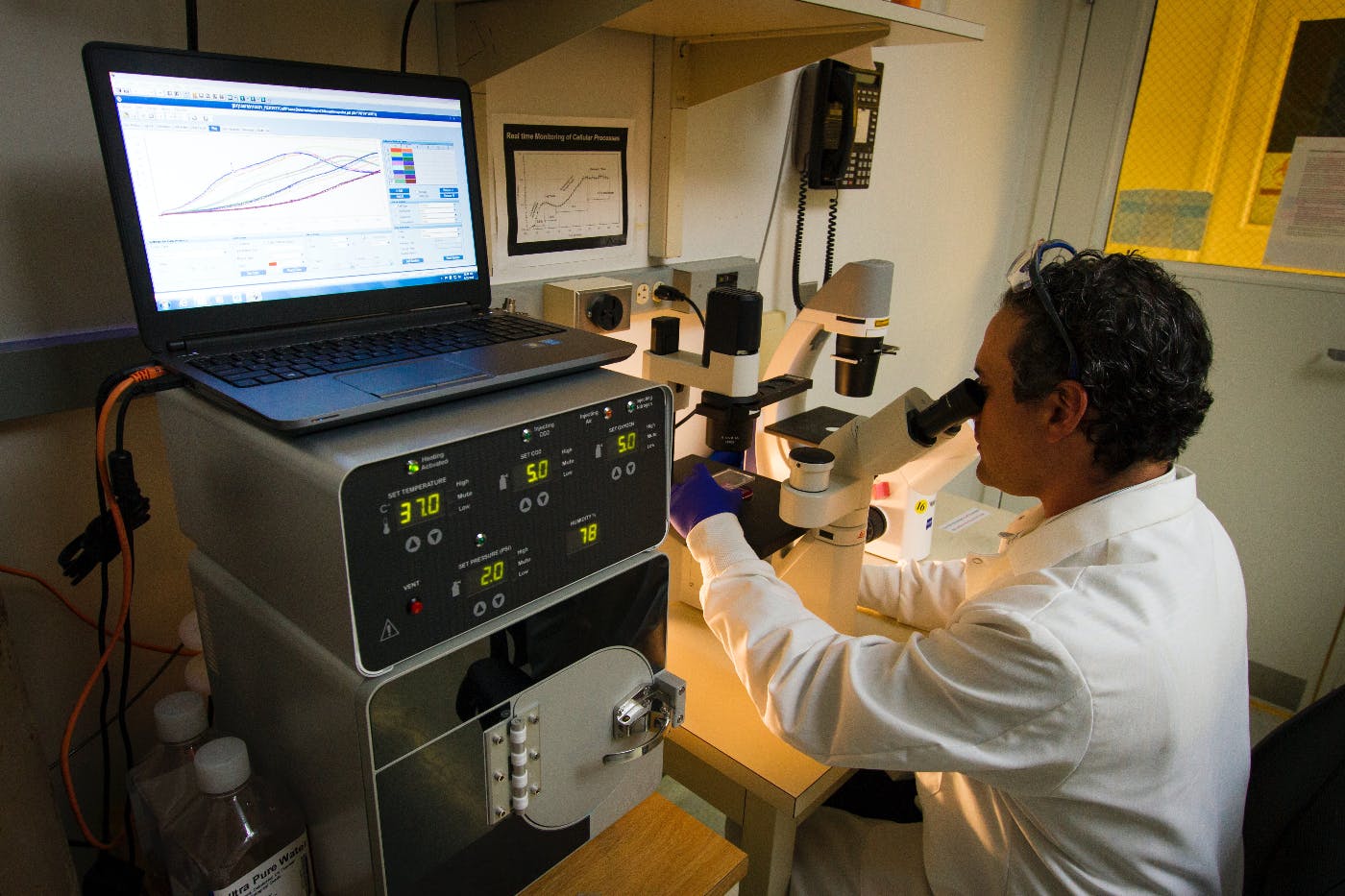 a scientist looking in an electron microscope 