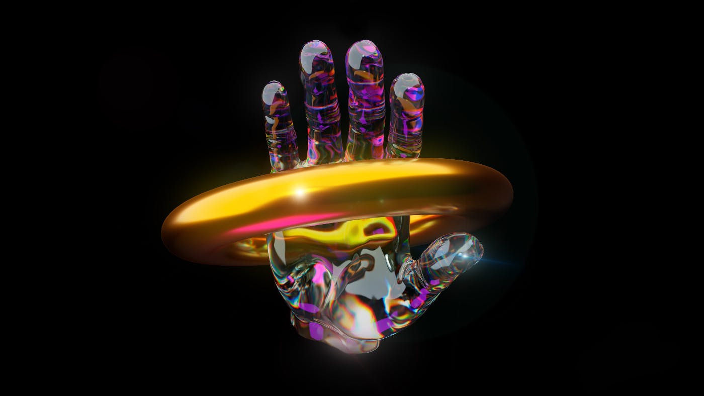 A high tech image of a glass hand in the middle of a gold ring.