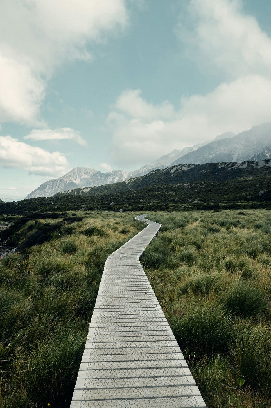 A wooden foot bridge winding through a marsh.