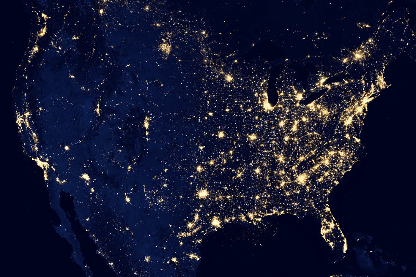 A view of North America from Space with the eastern half lit up
