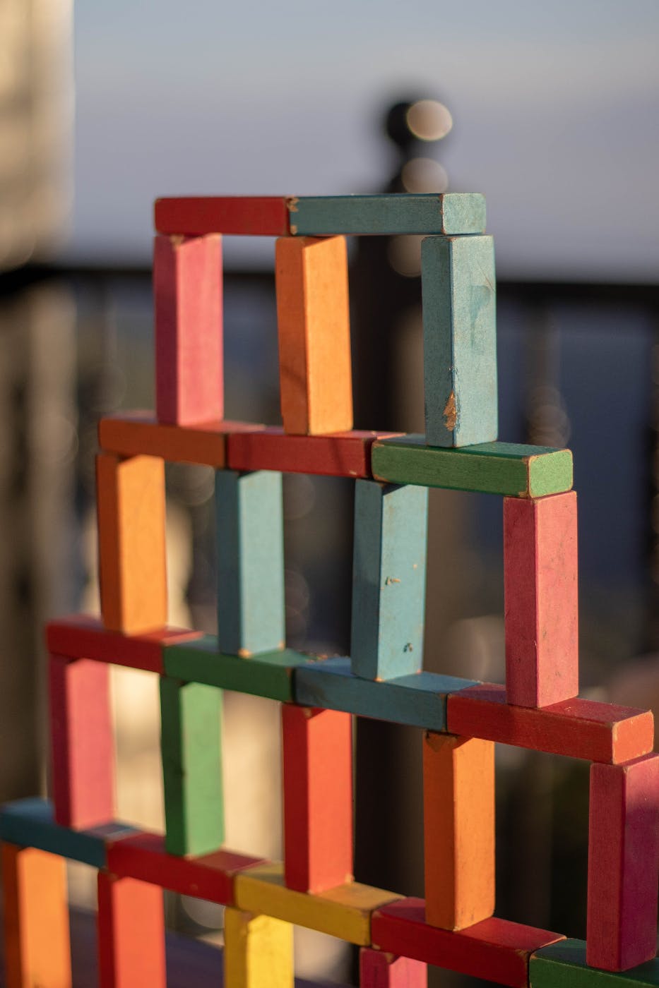 A table top structure made from many colored blocks