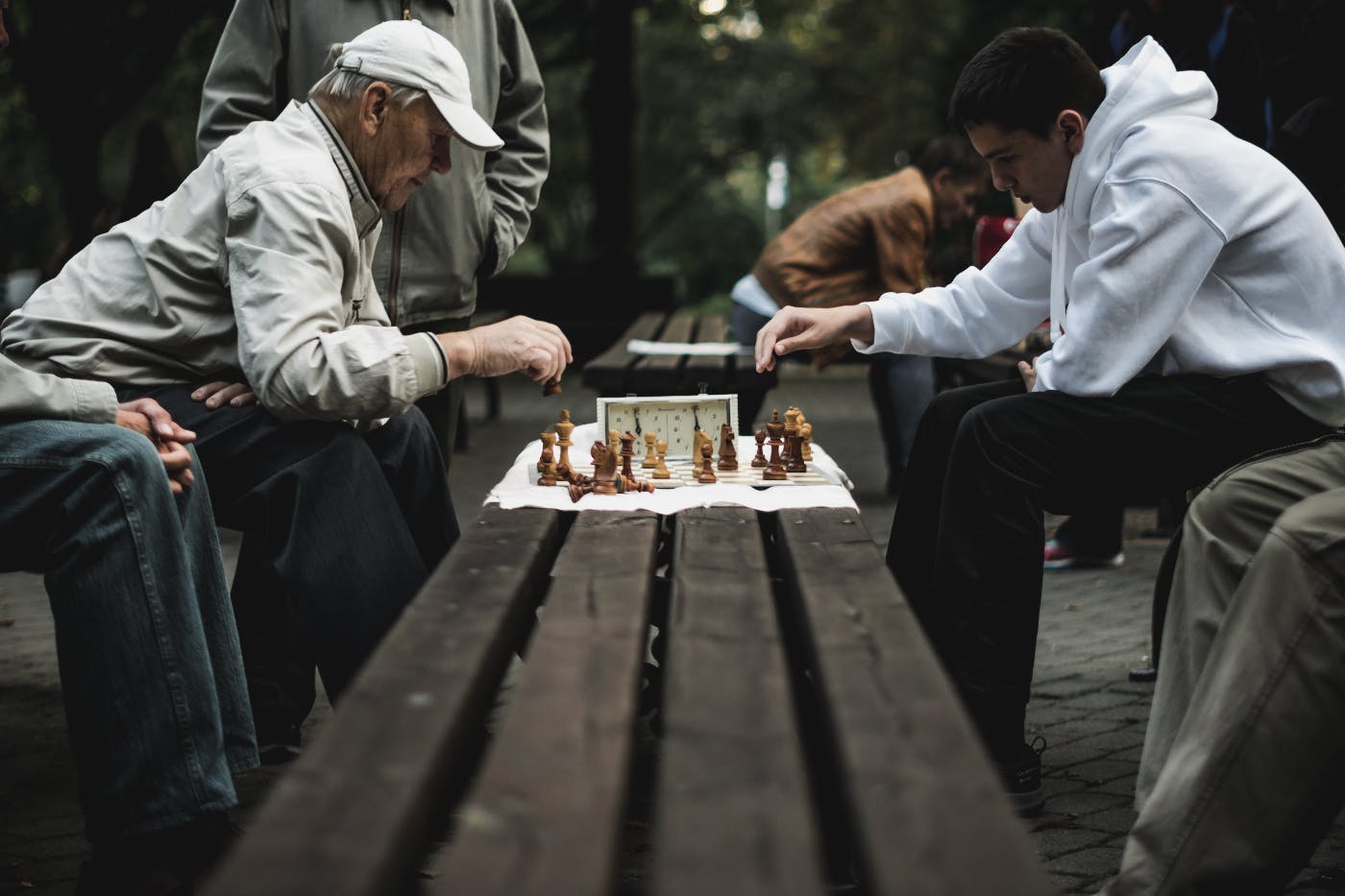 a younger and an older man playing chess in a park