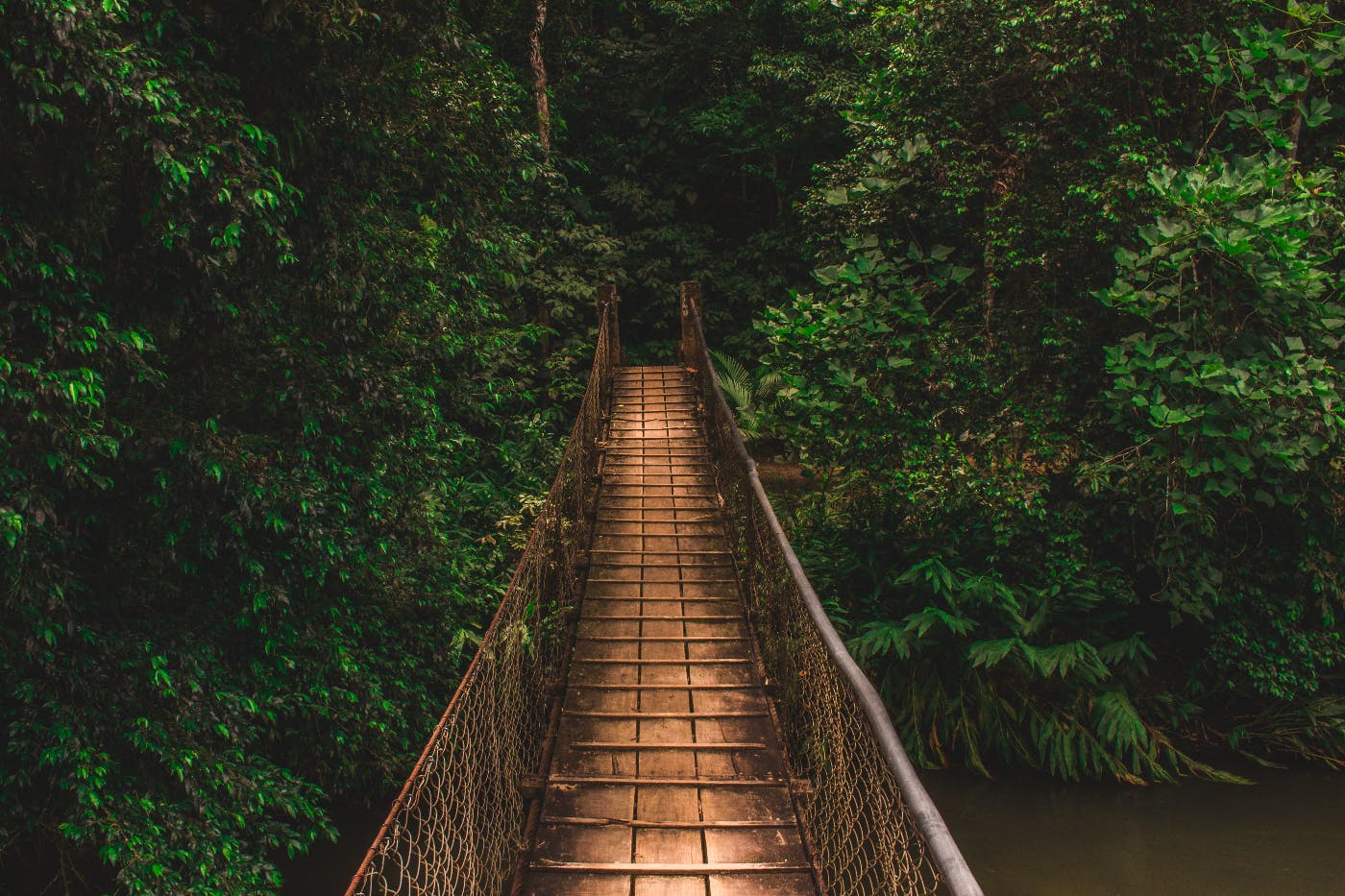 a old wood suspension footbridge spanning a river