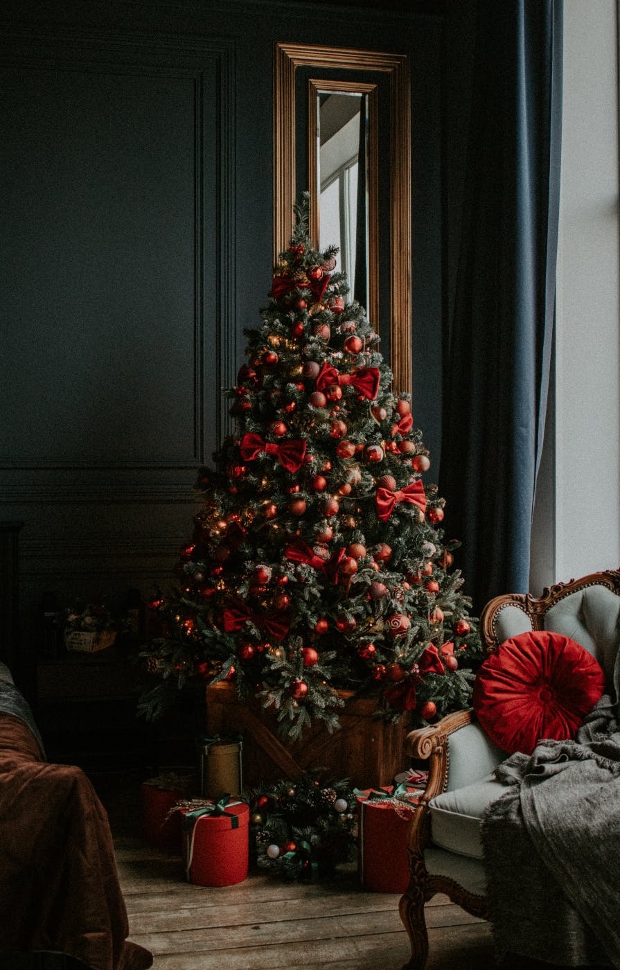 a Christmas tree in a fancy room