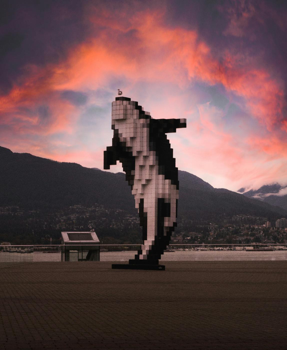 a digital-like statue of an orca