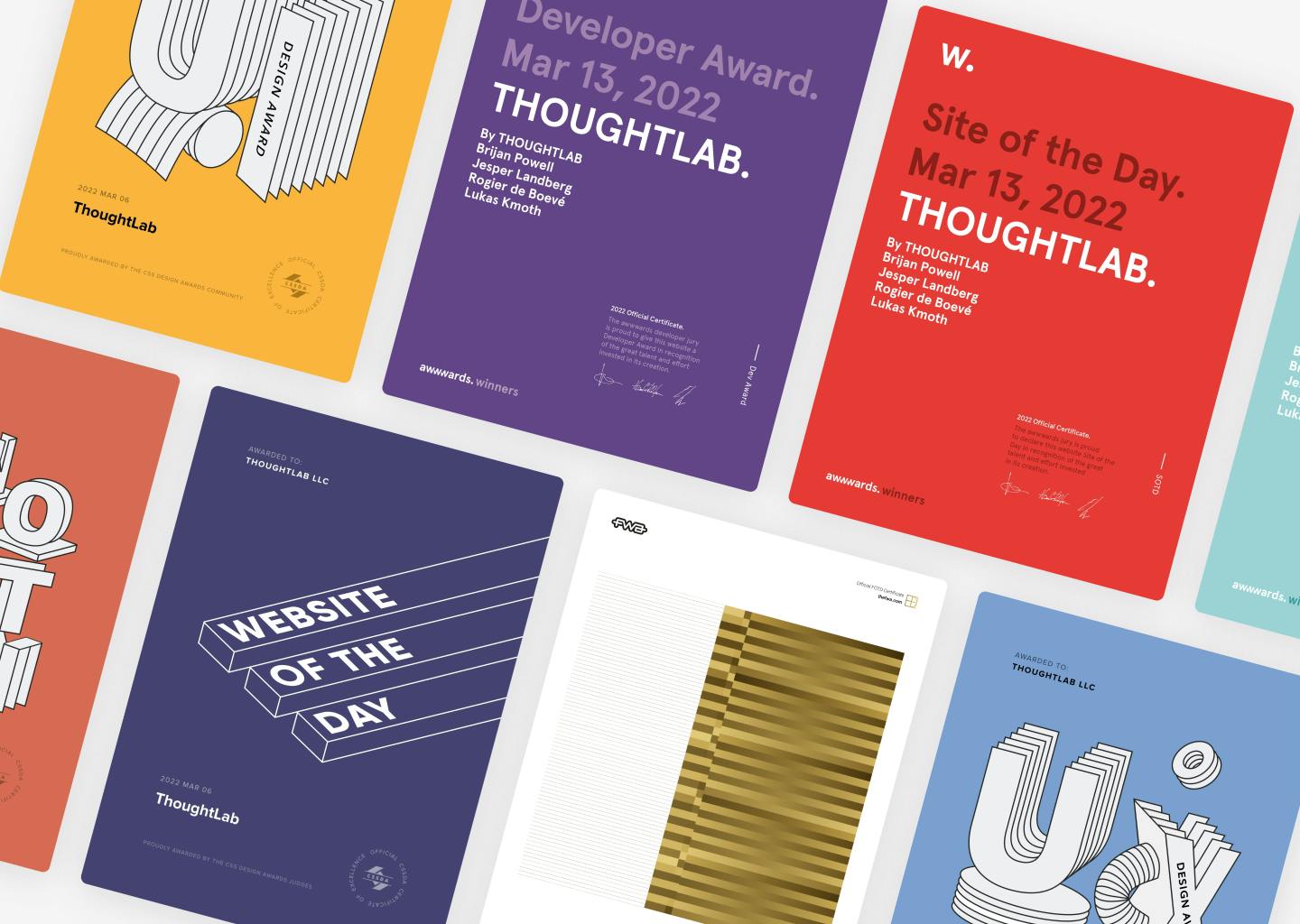 A page of colorful awards ThoughtLab has won.