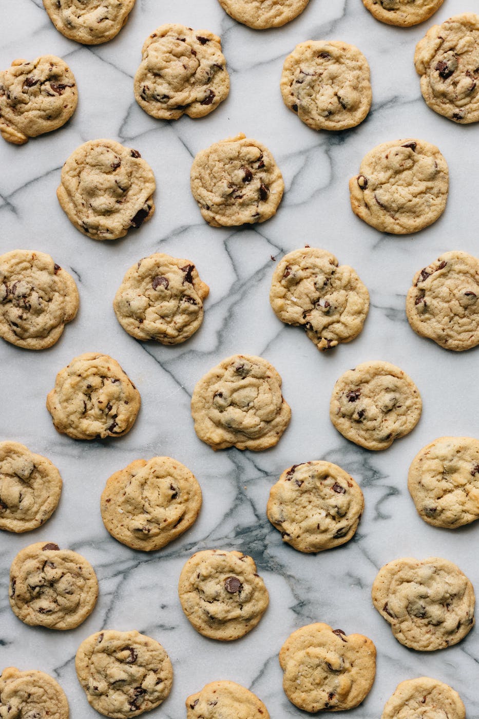 Chocolate chip cookies on a marble countertop