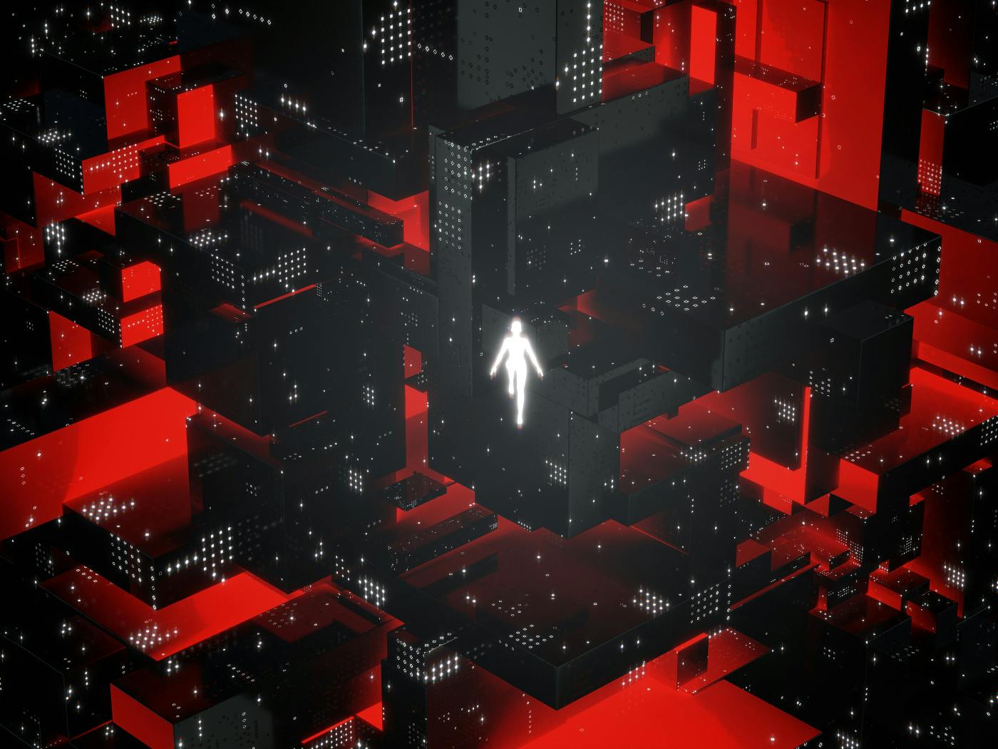 a red and black cube background with a white sihouette of a person walking through