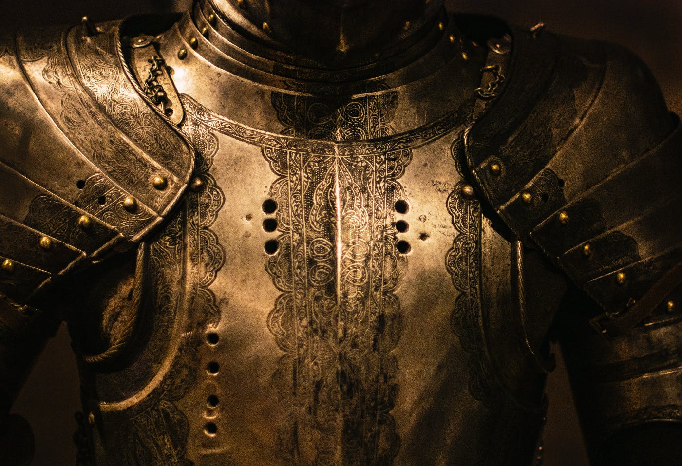 A close up on the chest and shouldders of a suit of armor.