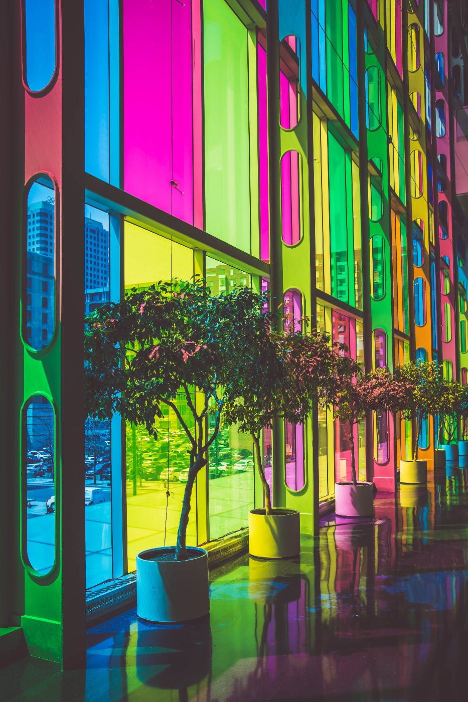 Multi colored windows in a builidng lobby