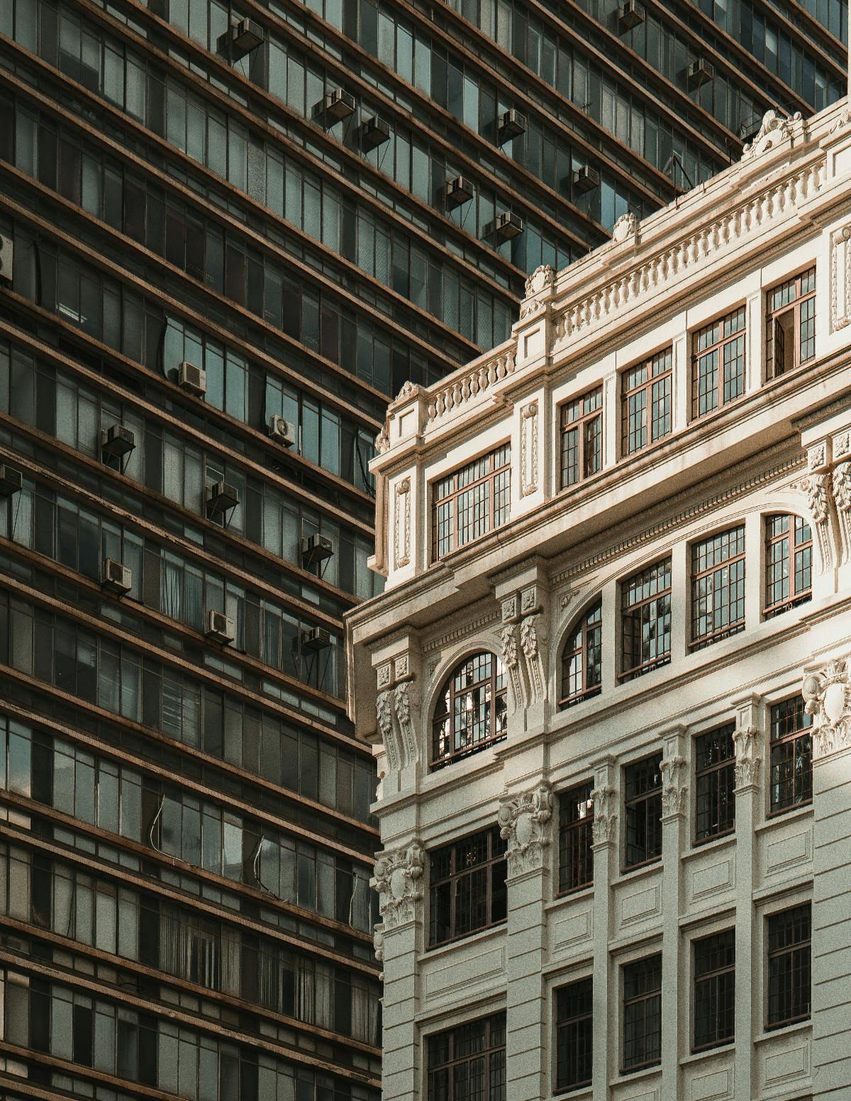 The intersection of a modern and a classical building