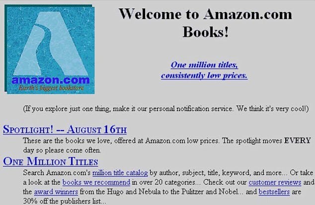 An image showing Amazon's humble beginings in 1998. A screenshot of the original Amazon homepage.