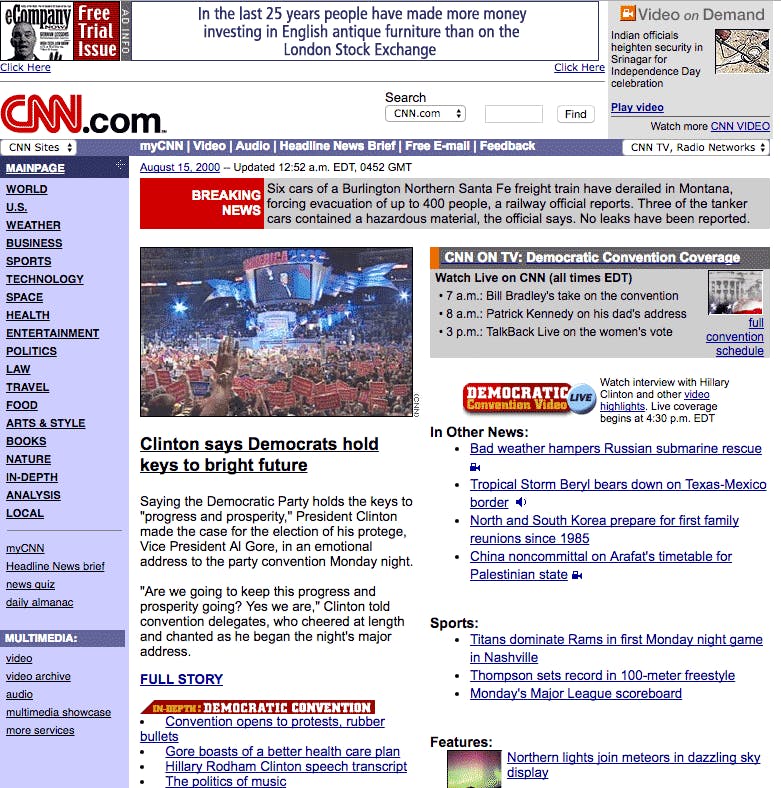 Vintage, old screenshot of CNN's homepage Aug 15, 2000