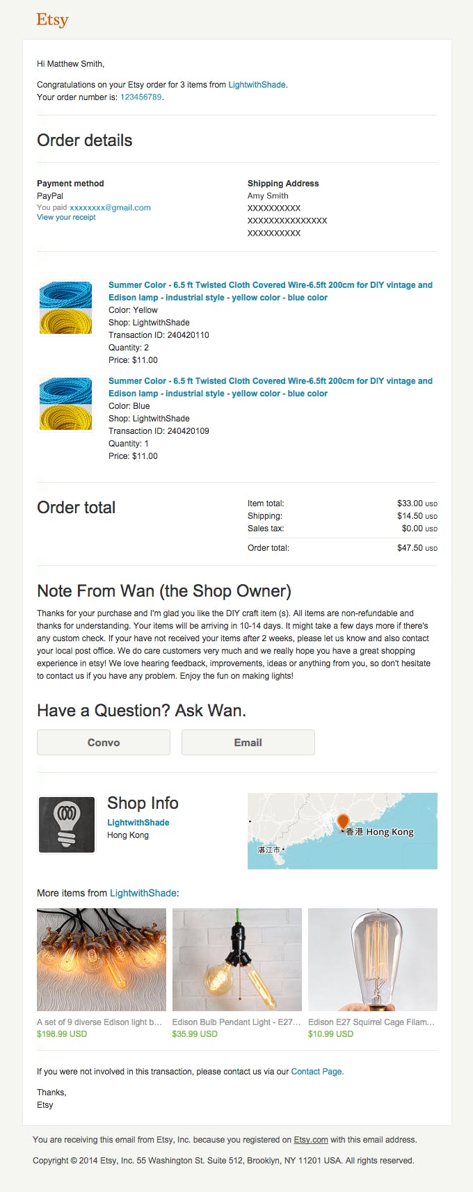 etsy transactional order email example