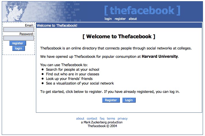 Original Facebook homepage from 2004