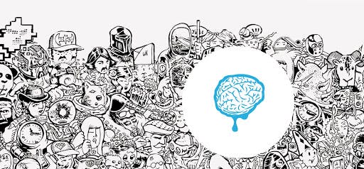 black and white cartoon graphics with blue brain as focal point