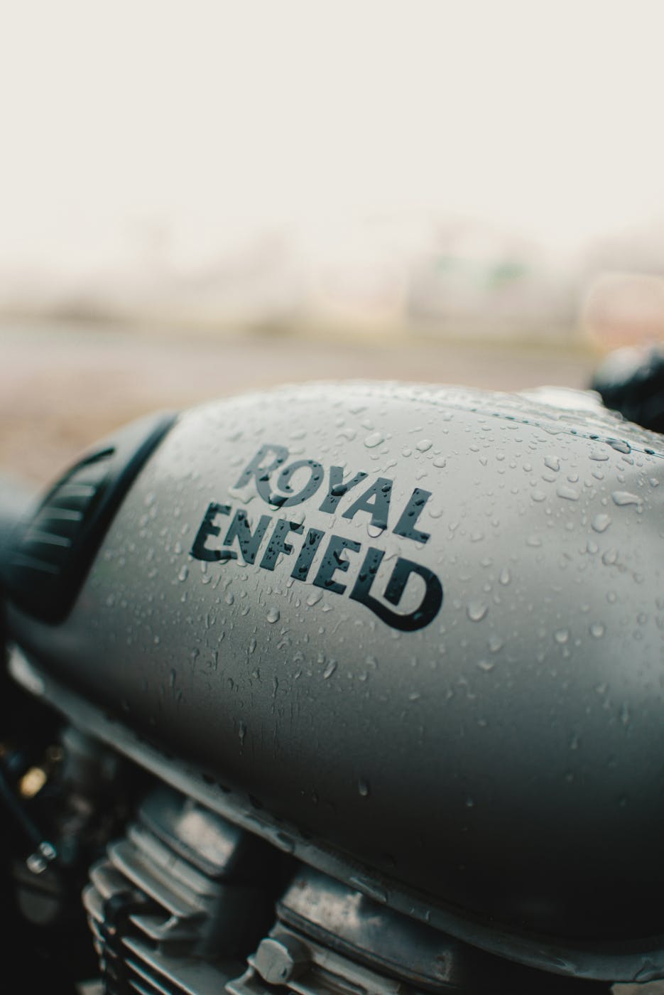 The gas tank of a Royal Enfield motorcycle
