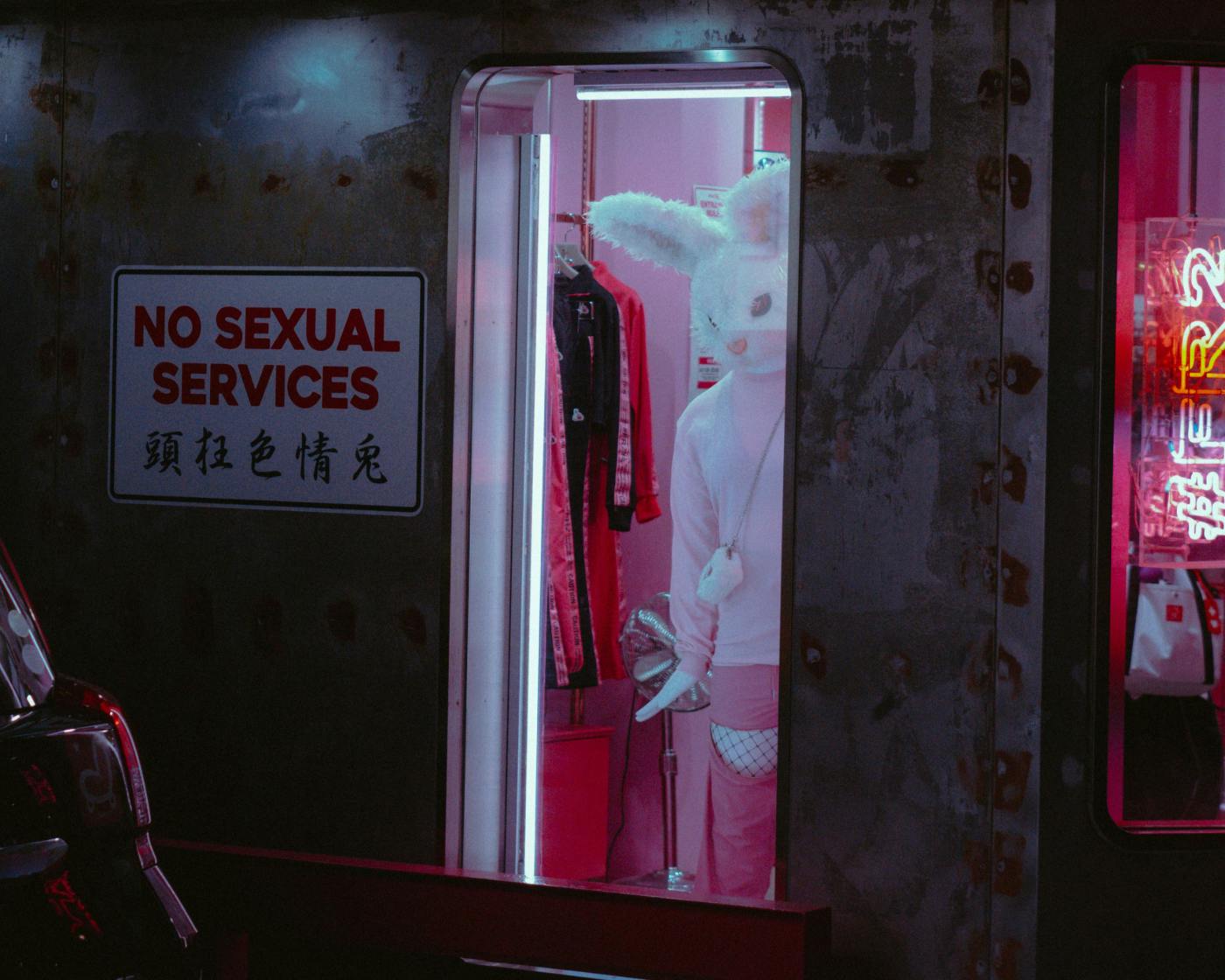 A person behind a glass window dressed as a giant rabbit next to a sign that reads No Sexual Services