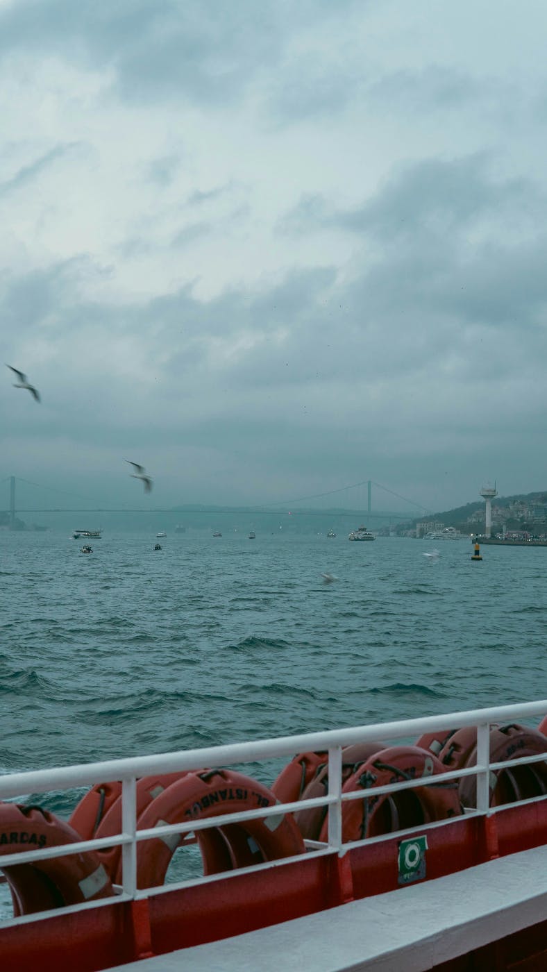 The view of a bay from the side of a boat life preservers in the foreground 