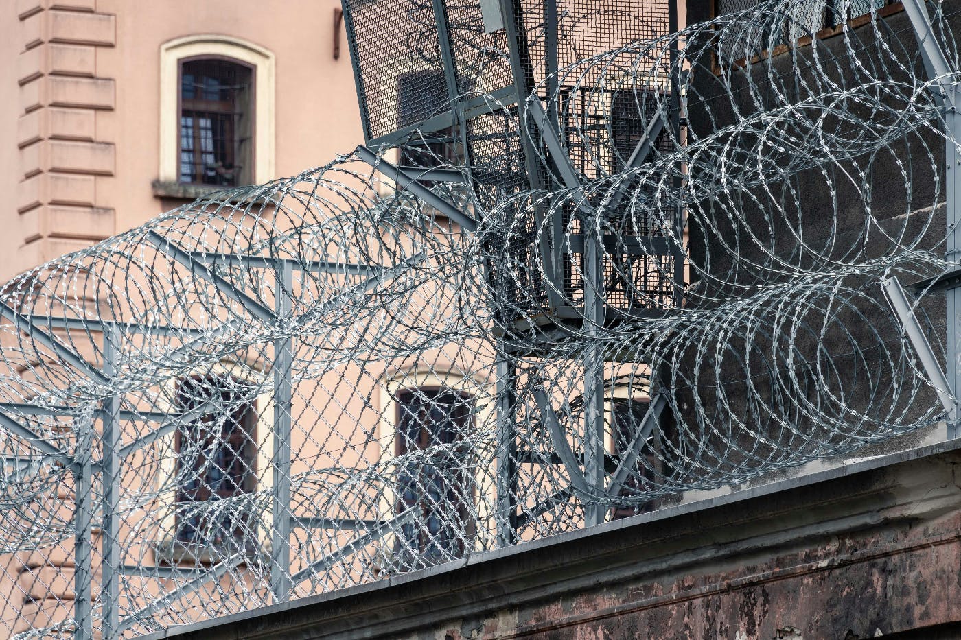 A wall with many loops of razor wire on top.