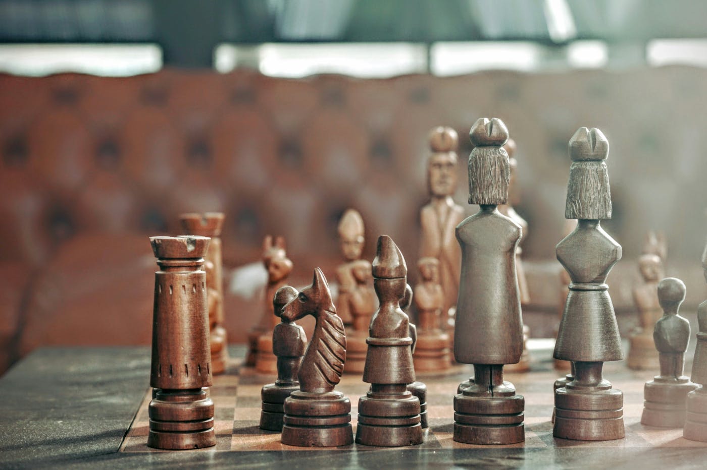 A silver and bronze stone chess set