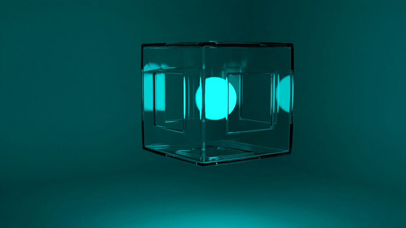 A suspended glass cube with a round light inside