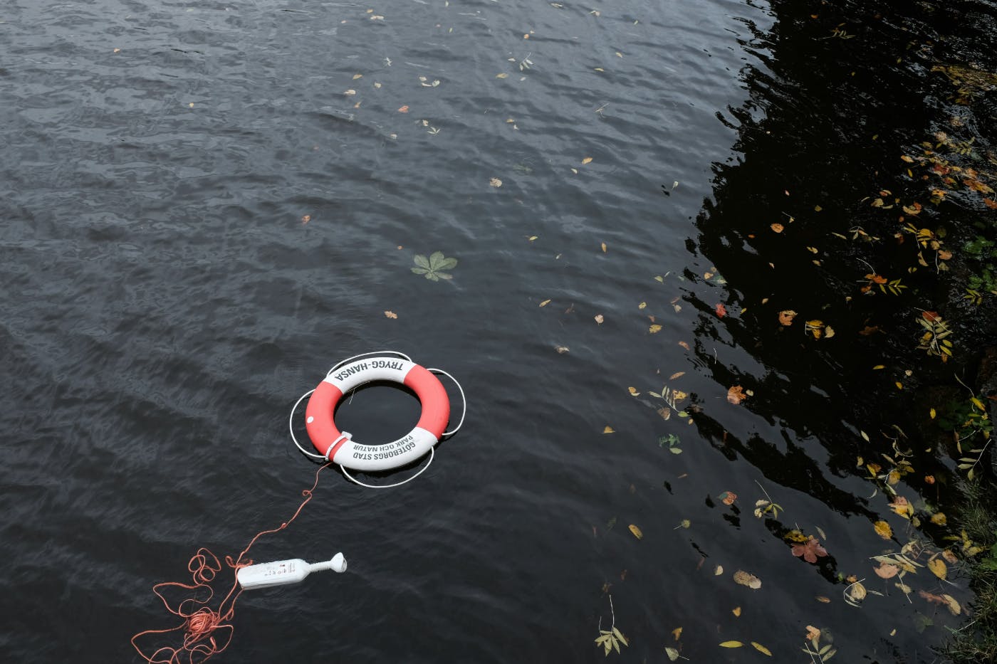 A red & white round life preserver floating on the water