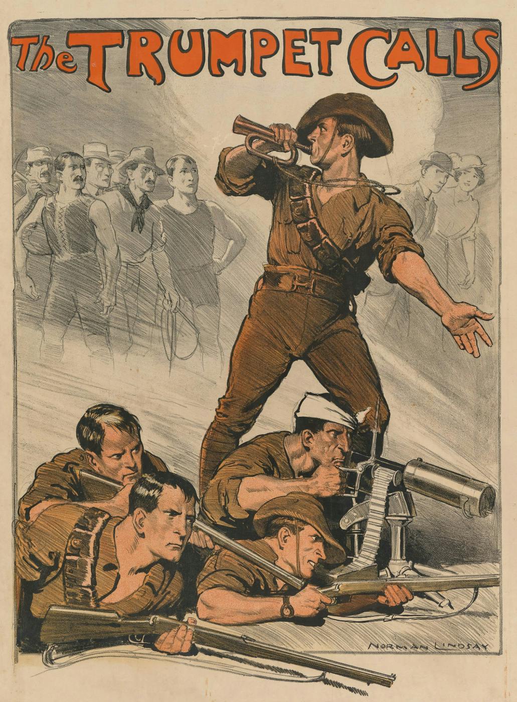 A old military recruiting poster with a man blowing a bugle standing astride men with guns