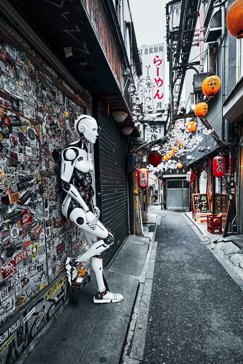 a robot leaning against a wall in an alley