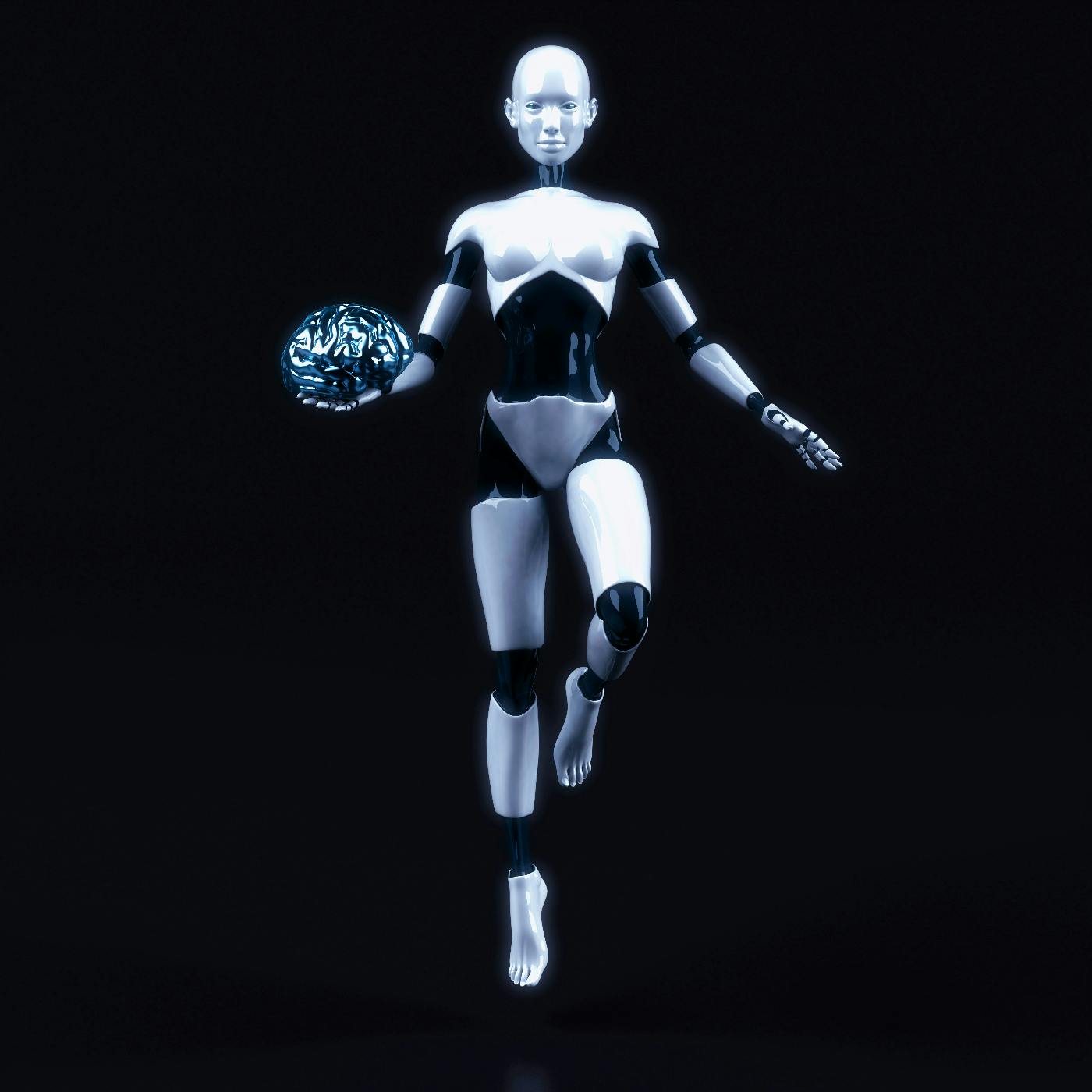 A female robot black and white holding a metallic human brain