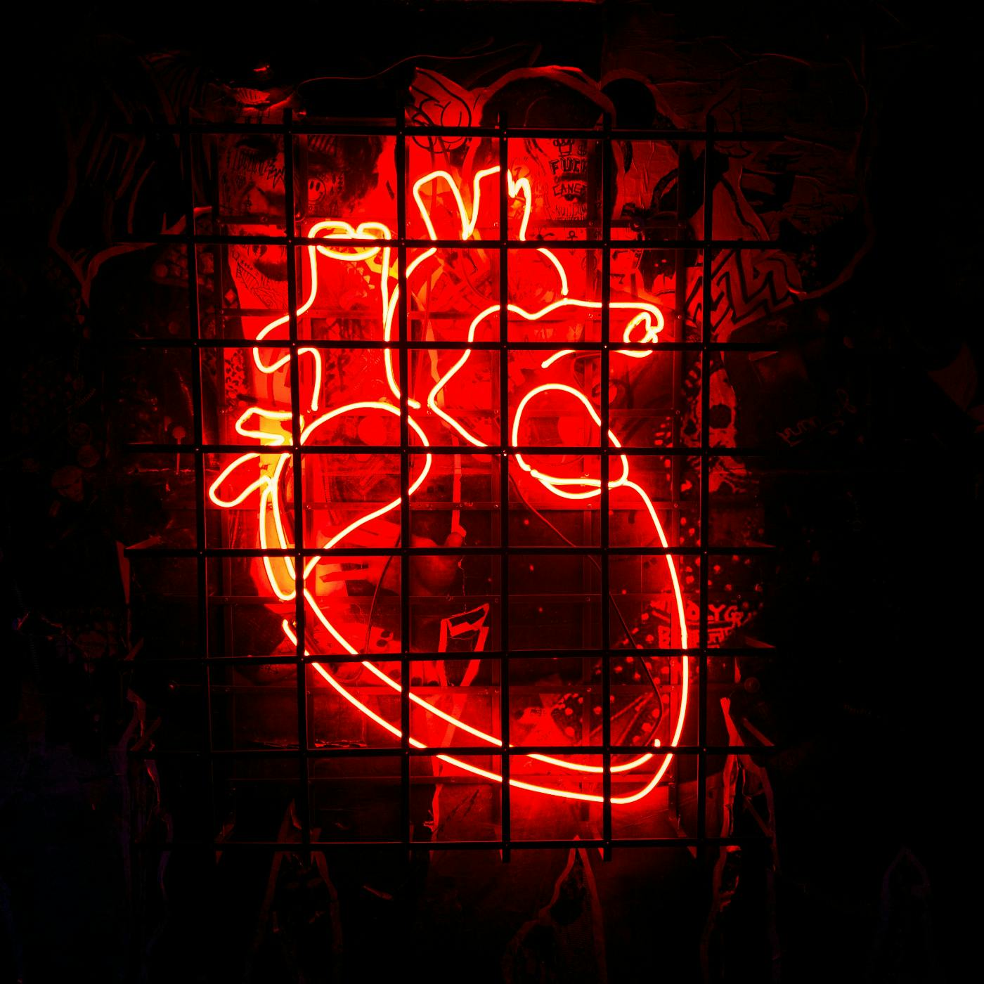 An outline of a human heart in red neon in a cage